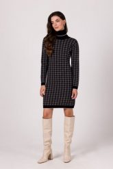 Swetrowa Sukienka w Pepitkę z Golfem - Czarna. Czarne sukienki damskie MOE, l, bez wzorów, z dzianiny, bez kołnierzyka, bez ramiączek. Za 249.90 zł.