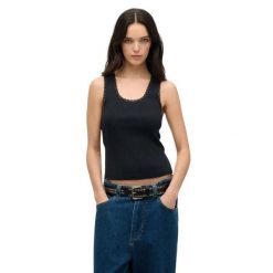 Tank top z koronkowym wykończeniem dla kobiet Superdry Vintage. Niebieskie topy damskie Superdry, bez wzorów, z koronki, vintage, bez kołnierzyka, bez ramiączek. Za 103.80 zł.