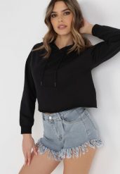 Czarna Bluza Antele. Czarne bluzy damskie Born2be, xl, bez wzorów, z jeansu, casualowe, bez ramiączek, z kapturem. Za 49.99 zł.