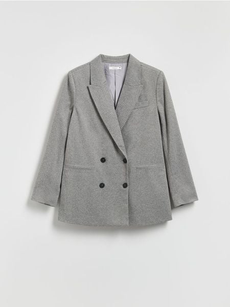 Dwurzędowa marynarka w jodełkę - ciemnoszary. Szare marynarki i żakiety damskie Reserved, bez wzorów, z dzianiny, bez kołnierzyka, bez ramiączek. Za 179.99 zł.