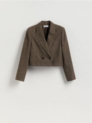 Krótka marynarka - brązowy. Brązowe marynarki i żakiety damskie Reserved, bez wzorów, z tkaniny, bez kołnierzyka, bez ramiączek. Za 229.99 zł.