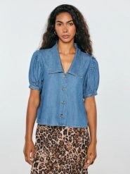 Bluzka damska jeansowa z ozdobnym kołnierzem niebieska jones 270. Niebieskie bluzki damskie BIG STAR, l, bez wzorów, z denimu, eleganckie, bez kołnierzyka, bez ramiączek. Za 199.99 zł.