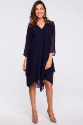 Sukienka wieczorowa oversize szyfonowa asymetryczna granat. Sukienki damskie Stylove, na randkę, xl, bez wzorów, z szyfonu, wizytowe, z asymetrycznym kołnierzem, bez ramiączek, asymetryczne. Za 269.00 zł.