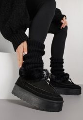 Czarne Śniegowce na Grubej Podeszwie z Ozdobnymi Przeszyciami i Futerkiem Lindera. Czarne śniegowce damskie Born2be, z jeansu, bez zapięcia. Za 109.99 zł.