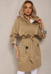 Beżowy Płaszcz Trencz Utility z Nieodpinanym Kapturem Wiązany w Pasie Axurea. Brązowe płaszcze damskie Renee, xl, bez wzorów, bez kołnierzyka. Za 179.99 zł.