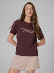 4F T-shirt boxy z nadrukiem damski - brązowy S. Brązowe t-shirty damskie 4F, s, bez wzorów, z jeansu, bez kołnierzyka, bez ramiączek. Za 59.99 zł.