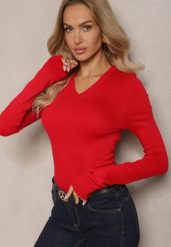 Czerwony Casualowy Sweter z Dekoltem w Serek Amitta. Czerwone swetry nierozpinane damskie Renee, m, bez wzorów, z jeansu, biznesowe, bez kołnierzyka, bez ramiączek. Za 69.99 zł.