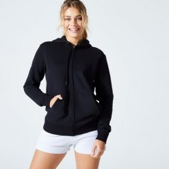 Bluza na zamek damska Domyos Gym & Pilates. Czarne bluzy damskie DOMYOS, xl, bez wzorów, z bawełny, sportowe, bez ramiączek, bez kaptura. Za 99.99 zł.
