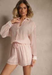 Jasnoróżowy Komplet z Tkaniny z Cyrkoniami Koszula i Szorty Jeniviela. Czerwone koszule damskie Renee, l, bez wzorów, z tkaniny, eleganckie, bez kołnierzyka, bez ramiączek. Za 129.99 zł.