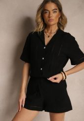 Czarna Koszula z Bawełny Ozdobiona Ażurowym Wzorem Natalena. Czarne koszule damskie Renee, l, w ażurowe wzory, z bawełny, bez kołnierzyka, bez ramiączek. Za 69.99 zł.