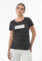 T-shirt w paski T-VIV. Brązowe t-shirty damskie Volcano, s, bez wzorów, z bawełny, klasyczne, bez kołnierzyka, bez ramiączek. Za 59.99 zł.