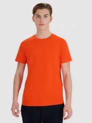 4F T-shirt regular ze strukturalnej dzianiny męski - pomarańczowy M. Brązowe t-shirty męskie 4F, m, bez wzorów, z bawełny, bez kołnierzyka, bez ramiączek. W wyprzedaży za 39.99 zł.
