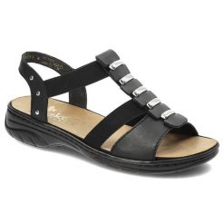 Czarne Sandały Rieker Wygodne Skórzane Buty. Czarne sandały damskie Rieker, z aplikacjami, z materiału, bez obcasa, na obcasie, bez zapięcia. Za 319.00 zł.