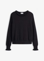 Cienki sweter z mieszanki wiskozy. Czarne swetry nierozpinane damskie bonprix, bez wzorów, z wiskozy, bez kołnierzyka, bez ramiączek. Za 99.99 zł.