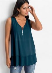 Top z zamkiem. Czarne topy damskie bonprix, bez wzorów, bez kołnierzyka, bez ramiączek. Za 109.99 zł.