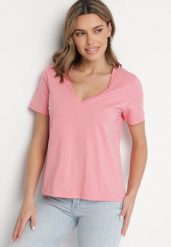 Różowy Bawełniany T-shirt z Dekoltem w V Ninoriana. Czerwone t-shirty damskie Born2be, m, bez wzorów, z bawełny, bez kołnierzyka, bez ramiączek. Za 49.99 zł.