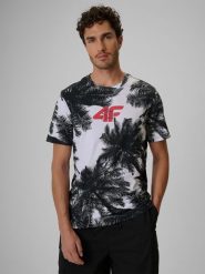 4F T-shirt regular z nadrukiem męski - czarno-biały M. Czarne t-shirty męskie 4F, m, bez wzorów, z bawełny, bez kołnierzyka, bez ramiączek. Za 99.99 zł.