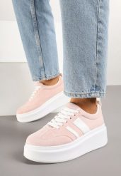 Różowe Sneakersy Kultowe Tenisówki na Platformie z Koturnem Elisara. Czerwone trampki i tenisówki damskie Born2be, bez wzorów, z jeansu, bez zapięcia. Za 109.99 zł.