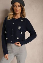 Granatowy Kardigan z Dodatkiem Wełny na Guziki z Kwiatami 3D Zemisya. Niebieskie kardigany damskie Renee, na zimę, m, bez wzorów, z wełny, bez kołnierzyka. Za 159.99 zł.