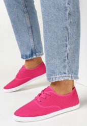 Fuksjowe Tenisówki z Krótkim Sznurowaniem Madilinne. Czerwone trampki i tenisówki damskie Born2be, bez wzorów, z jeansu, bez zapięcia. Za 39.99 zł.