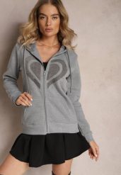 Szara Dzianinowa Bluza Ocieplana z Haftem i Kapturem Melajia. Szare bluzy damskie Renee, l, bez wzorów, z dzianiny, bez ramiączek, z kapturem. Za 79.99 zł.