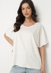 Biały T-shirt z Wiskozą o Kroju Nietoperza Liosma. Białe t-shirty damskie Born2be, bez wzorów, z jeansu, klasyczne, bez kołnierzyka, bez ramiączek. Za 54.99 zł.