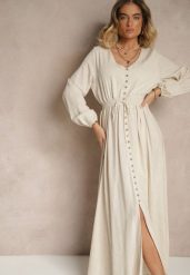 Jasnobeżowa Sukienka z Lnem i Wiskozą o Rozkloszowanym Kroju z Ozdobnymi Guzikami Maitena. Brązowe sukienki damskie Renee, na co dzień, l, bez wzorów, z wiskozy, eleganckie, bez kołnierzyka, bez ramiączek, maxi, rozkloszowane. Za 179.99 zł.