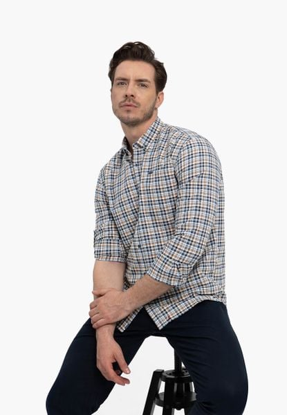 Koszula w kratkę, Regular Fit, K-RONIN. Brązowe koszule męskie Volcano, l, bez wzorów, z bawełny, eleganckie, bez kołnierzyka, bez ramiączek. Za 139.99 zł.