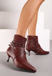 Bordowe Botki na Niskim Obcasie z Ozdobnymi Paseczkami z Nitami i Sprzączkami Lobelina. Czerwone botki damskie Renee, bez wzorów, z jeansu, eleganckie, bez obcasa, na obcasie, bez zapięcia. Za 129.99 zł.