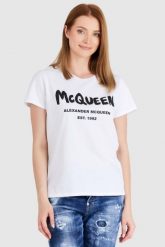 ALEXANDER MCQUEEN Biały t-shirt damski z logo. Białe t-shirty damskie alexander mcqueen, s, bez wzorów, z bawełny, bez kołnierzyka, bez ramiączek. W wyprzedaży za 699.99 zł.