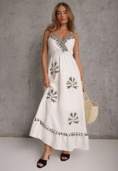 Biała Sukienka Boho z Dodatkiem Lnu o Rozkloszowanym Kroju z Frędzlami i Falbaną Ocaline. Białe sukienki damskie Renee, na lato, m, z aplikacjami, z wiskozy, boho, bez kołnierzyka, bez ramiączek, maxi, rozkloszowane. Za 149.99 zł.