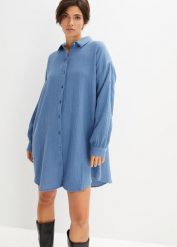 Długa bluzka muślinowa oversize z czystej bawełny. Niebieskie bluzki damskie bonprix, bez wzorów, z bawełny, bez kołnierzyka, bez ramiączek. Za 124.99 zł.