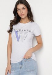 Jasnoszary T-shirt z Bawełny Ozdobiony Napisem i Cyrkoniami Raltebis. Szare t-shirty damskie Born2be, m, bez wzorów, z bawełny, klasyczne, bez kołnierzyka, bez ramiączek. Za 34.99 zł.
