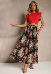 Czarna Rozkloszowana Spódnica z Plisami w Kwiatowy Wzór z Metalicznym Nadrukiem Follenna. Czarne spódnice damskie Renee, na co dzień, l, bez wzorów, eleganckie, maxi, plisowane. Za 54.99 zł.
