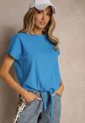 Jasnoniebieski Bawełniany T-shirt Wiązany u Dołu Sunalina. Niebieskie t-shirty damskie Renee, l, bez wzorów, z bawełny, bez kołnierzyka, bez ramiączek. Za 29.99 zł.