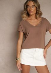 Ciemnobeżowy T-shirt z Bawełny z Dekoltem w Serek Linithiela. Brązowe t-shirty damskie Renee, m, bez wzorów, z bawełny, bez kołnierzyka, bez ramiączek. Za 49.99 zł.