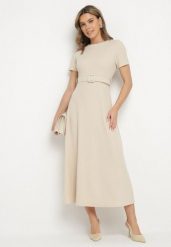 Beżowa Rozkloszowana Sukienka Ozdobiona Paskiem Desianna. Brązowe sukienki damskie Born2be, na co dzień, m, bez wzorów, eleganckie, bez kołnierzyka, bez ramiączek, maxi, rozkloszowane. Za 89.99 zł.