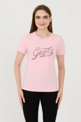 GUESS Różowy t-shirt Stones&embro Tee. Czerwone t-shirty damskie Guess, s, z aplikacjami, bez kołnierzyka, bez ramiączek. W wyprzedaży za 198.99 zł.