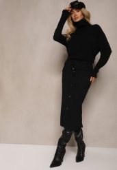 Czarna Spódnica Ołówkowa z Kaszmirem High Waist z Ozdobnymi Guzikami i Kieszeniami Edithwen. Czarne spódnice damskie Renee, na zimę, bez wzorów, z dzianiny, z podwyższonym stanem, midi, ołówkowe. Za 129.99 zł.