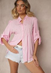 Różowa Koszula z Wiskozą i Perełkami Tanathiel. Czerwone koszule damskie Renee, z aplikacjami, z jeansu, eleganckie, bez kołnierzyka, bez ramiączek. Za 59.99 zł.