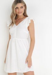 Biała Rozkloszowana Sukienka Mini z Tkaniny Plumeti i Odkrytymi Plecami Caitadi. Białe sukienki damskie Born2be, na imprezę, l, bez wzorów, z tkaniny, eleganckie, bez kołnierzyka, bez ramiączek, mini, rozkloszowane. Za 84.99 zł.