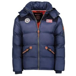 Kurtka puchowa z kapturem Geographical Norway Celian. Niebieskie kurtki męskie Geographical Norway, bez wzorów, z puchu, sportowe, z kapturem. W wyprzedaży za 381.00 zł.
