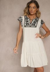 Beżowa Bawełniana Sukienka Boho Ozdobiona Haftami Eviriella. Brązowe sukienki damskie Renee, na co dzień, na lato, l, z aplikacjami, z bawełny, boho, bez kołnierzyka, bez ramiączek, midi. Za 89.99 zł.