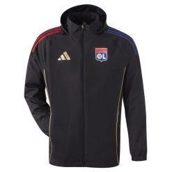 Kurtka dresowa zewnętrzna OL 2025/26. Czarne kurtki męskie Adidas, bez wzorów, z dresówki, sportowe, bez kaptura. W wyprzedaży za 325.00 zł.