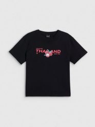 4F T-shirt loose z nadrukiem damski - czarny L. Czarne t-shirty damskie 4F, l, bez wzorów, z bawełny, bez kołnierzyka, bez ramiączek. Za 69.99 zł.