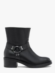 Czarne botki biker boots ze skóry licowej. Czarne botki damskie Ryłko, bez wzorów, ze skóry, bez obcasa, bez zapięcia. Za 549.99 zł.