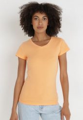 Pomarańczowy T-shirt Coraerena. Brązowe t-shirty damskie Born2be, l, bez wzorów, z bawełny, sportowe, bez kołnierzyka, bez ramiączek. Za 29.99 zł.