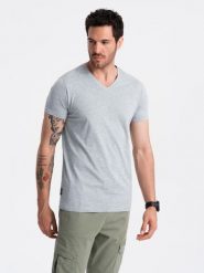 Klasyczna męska bawełniana koszulka z dekoltem w serek BASIC – szary melanż V16 - Rozmiar: 4XL. Szare t-shirty męskie Ombre Clothing, m, bez wzorów, z bawełny, bez kołnierzyka, bez ramiączek. W wyprzedaży za 24.99 zł.