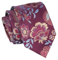 Krawat - ALTIES - Bordowy Krawat z Motywem Kwiatowym. Czerwone krawaty i muchy Alties, bez wzorów, z tkaniny, eleganckie. Za 49.00 zł.