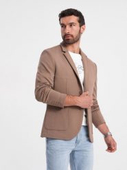 Męska marynarka z naszywanymi kieszeniami - ciemnobeżowa V3 OM-BLZB-0127 - XXL. Brązowe garnitury męskie Ombre Clothing, l, bez wzorów, z materiału, eleganckie. W wyprzedaży za 229.99 zł.